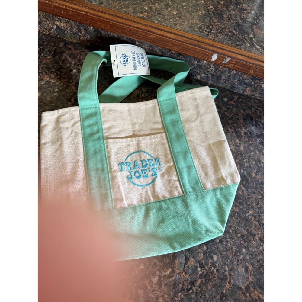 Trader Joe's Mini Pastel Canvas Tote Bag Mint Green Cream NWT Viral Limited Ed